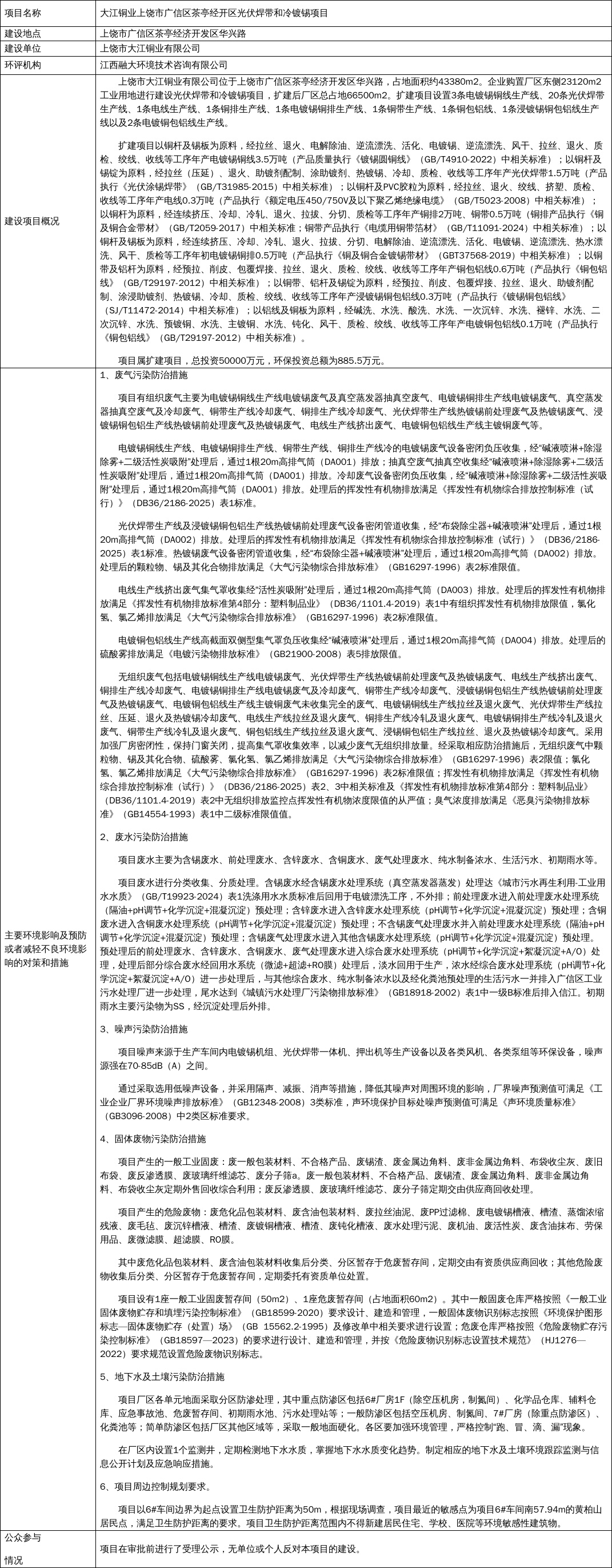 关于大江铜业上饶市广信区茶亭经开区光伏焊带和冷镀锡项目环境影响报告书的拟批准公示1